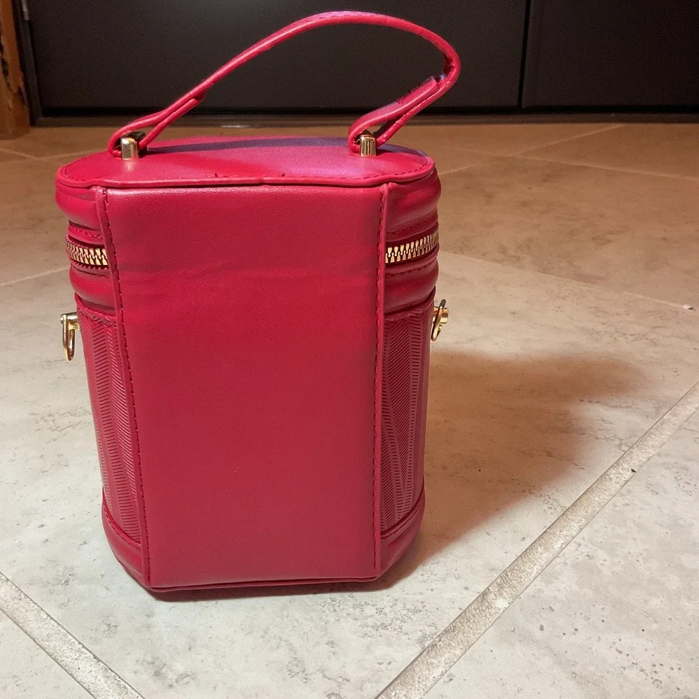 Red Textured Cylinder Bucket Bag Gold Studded Crossbody Top Handle Vanity Purse